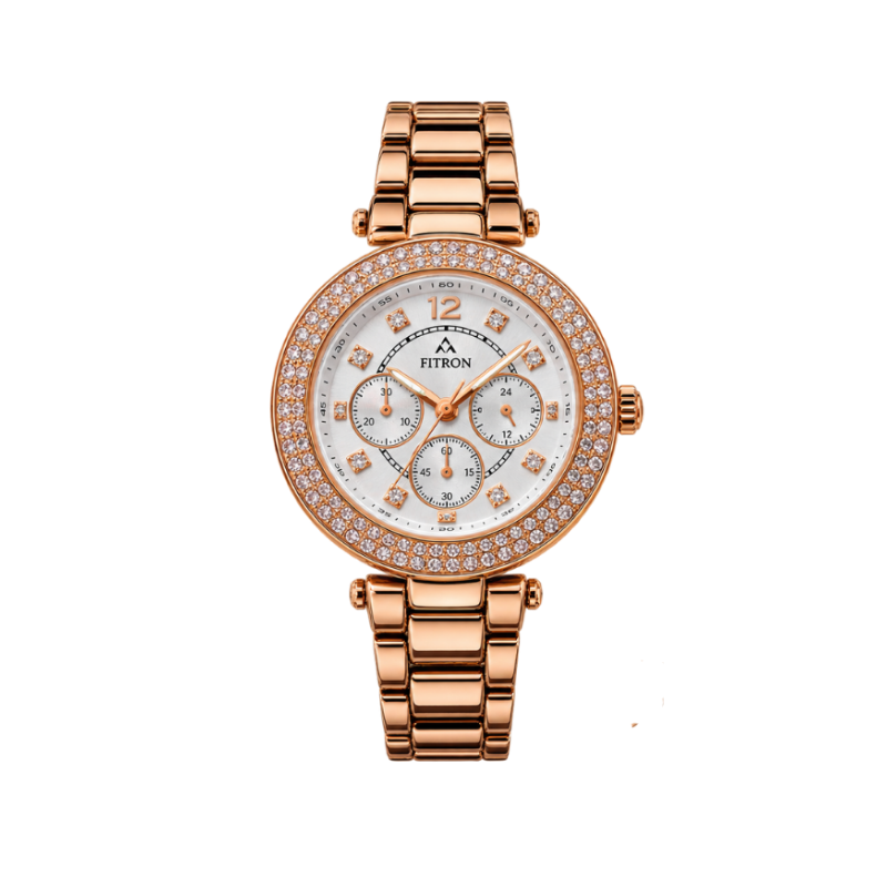 FITRON Women’s Luxury Crystal Watch – Rose Gold Stainless Steel -N6100L