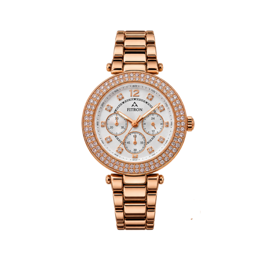 FITRON Women’s Luxury Crystal Watch – Rose Gold Stainless Steel -N6100L