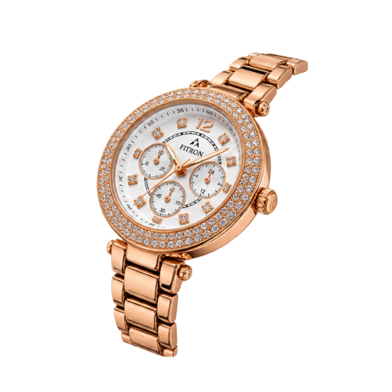 FITRON Women’s Luxury Crystal Watch – Rose Gold Stainless Steel -N6100L