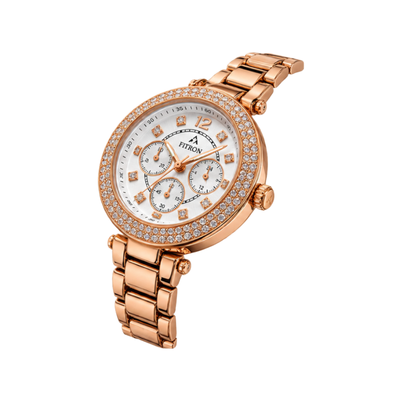 FITRON Women’s Luxury Crystal Watch – Rose Gold Stainless Steel -N6100L
